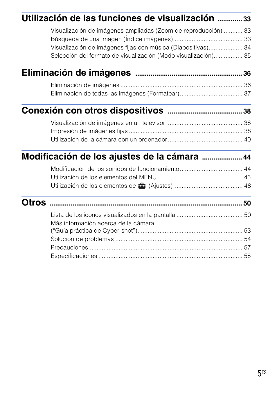 Utilización de las funciones de visualización, Eliminación de imágenes, Conexión con otros dispositivos | Modificación de los ajustes de la cámara, Otros | Sony DSC-H20 User Manual | Page 63 / 120