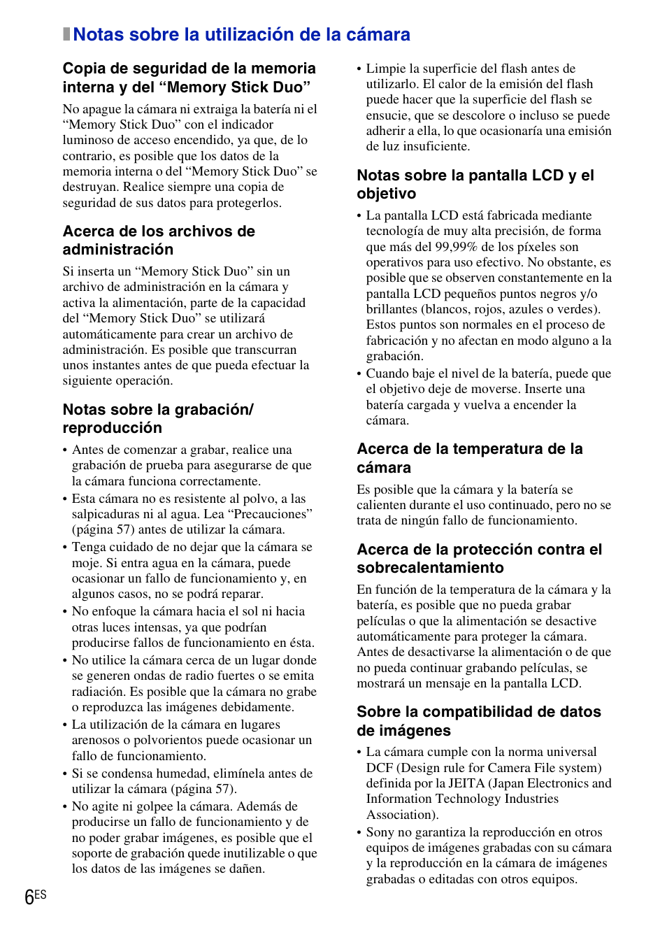 Notas sobre la utilización de la cámara, Xnotas sobre la utilización de la cámara | Sony DSC-H20 User Manual | Page 64 / 120