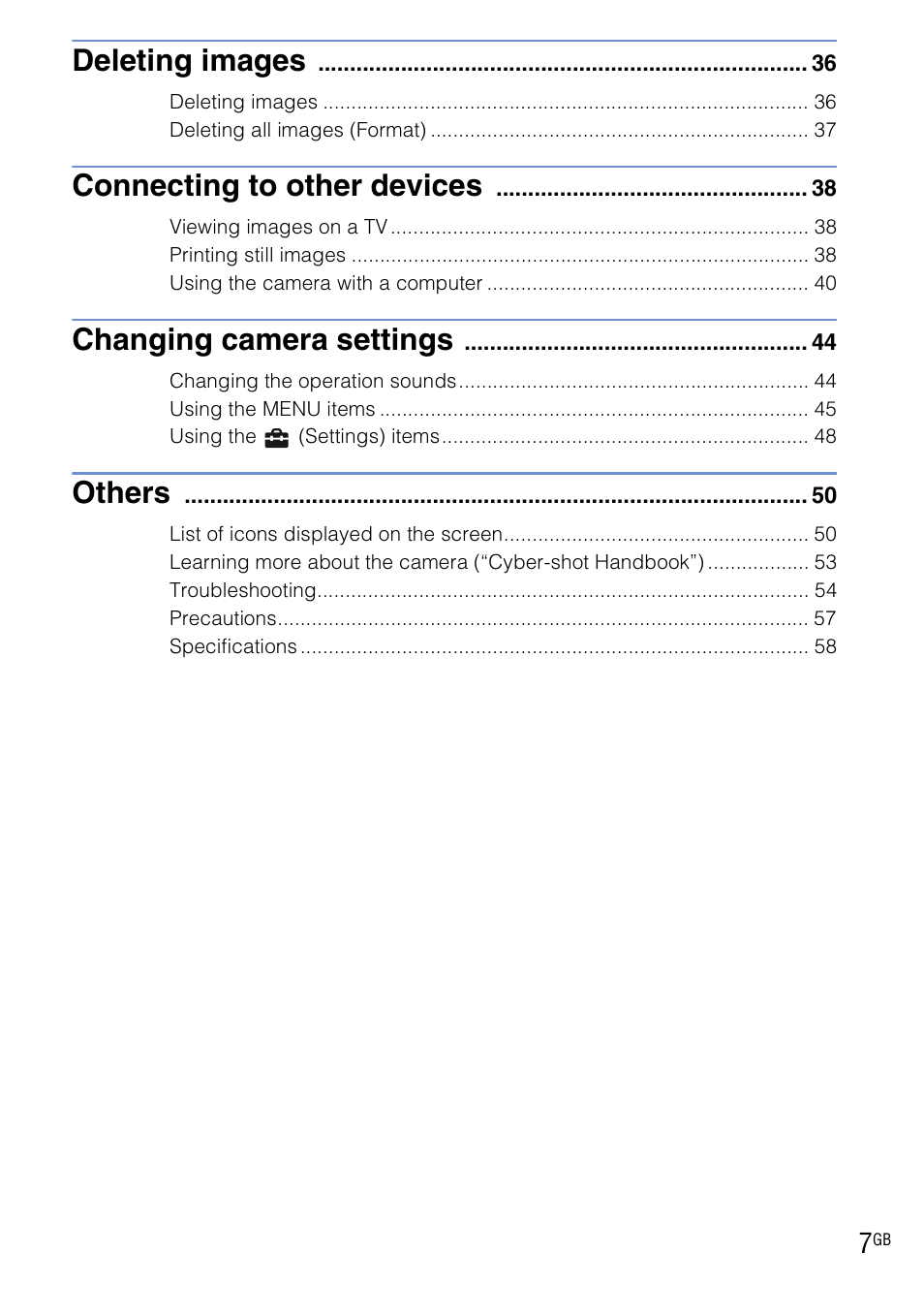 Deleting images, Connecting to other devices, Changing camera settings | Others | Sony DSC-H20 User Manual | Page 7 / 120