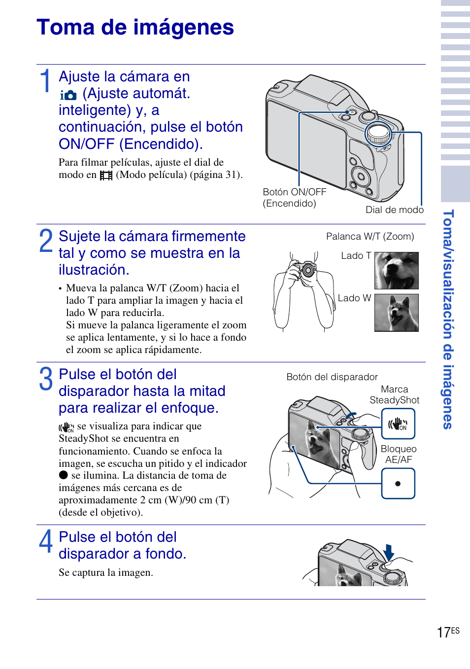 Toma/visualización de imágenes, Toma de imágenes | Sony DSC-H20 User Manual | Page 75 / 120