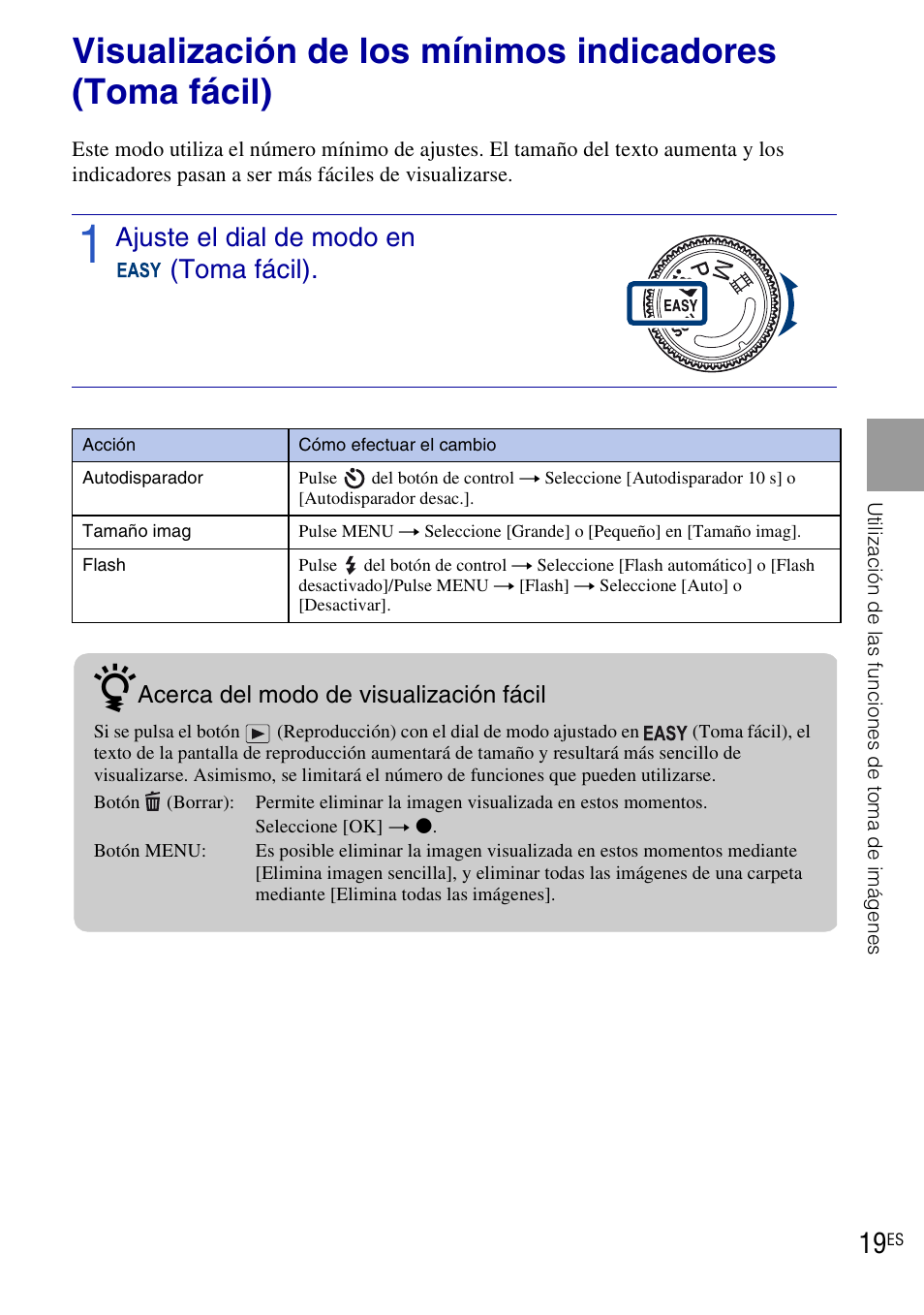 Utilización de las funciones de toma de imágenes, Ajuste el dial de modo en (toma fácil) | Sony DSC-H20 User Manual | Page 77 / 120