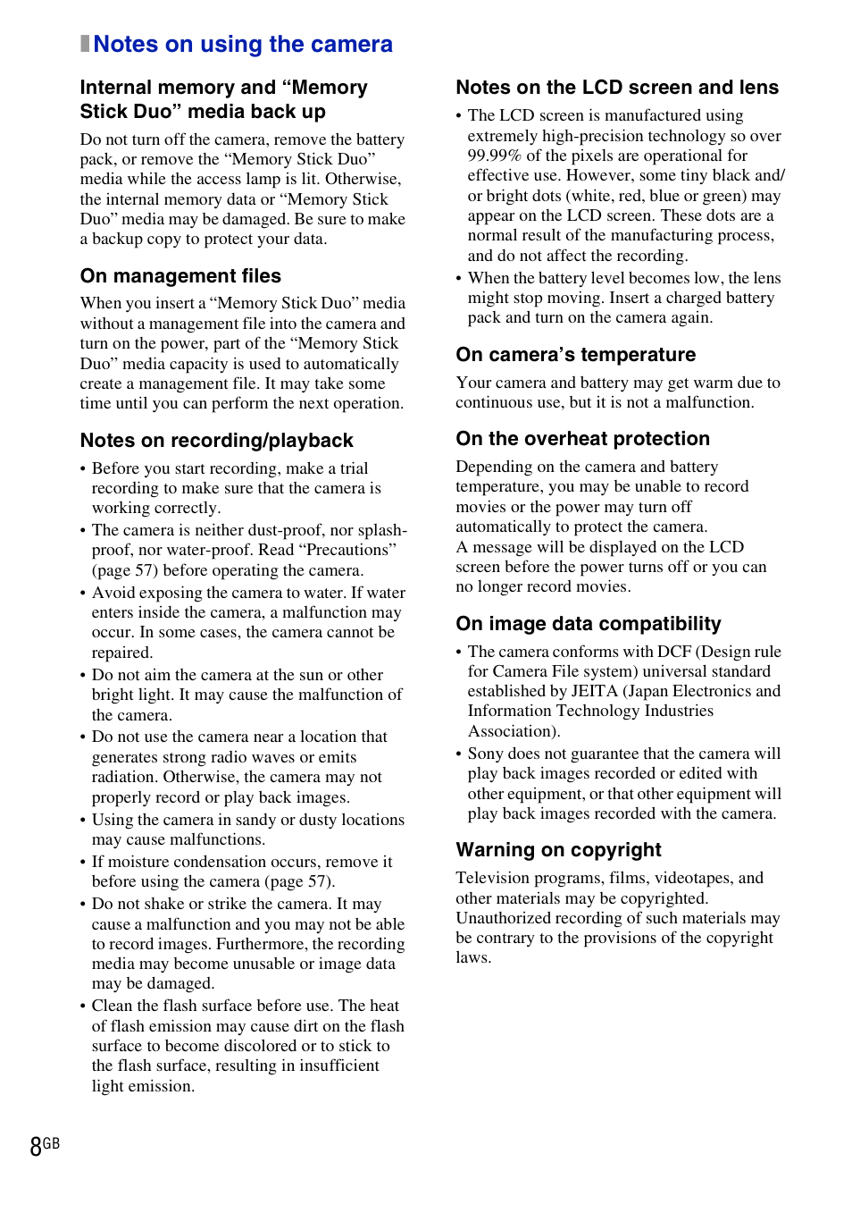 Notes on using the camera | Sony DSC-H20 User Manual | Page 8 / 120