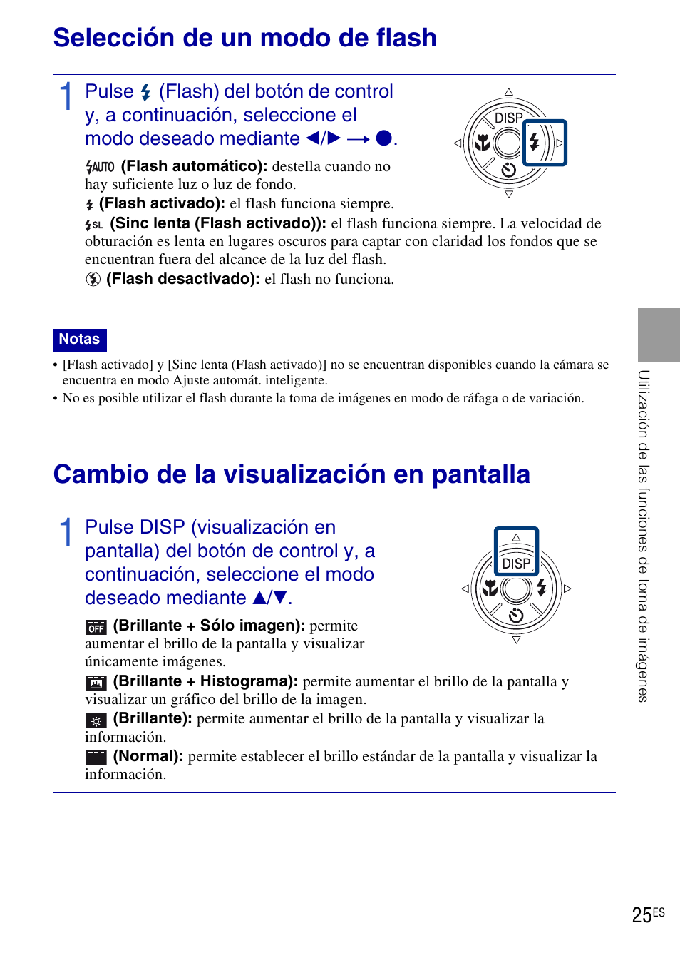 Selección de un modo de flash, Cambio de la visualización en pantalla | Sony DSC-H20 User Manual | Page 83 / 120