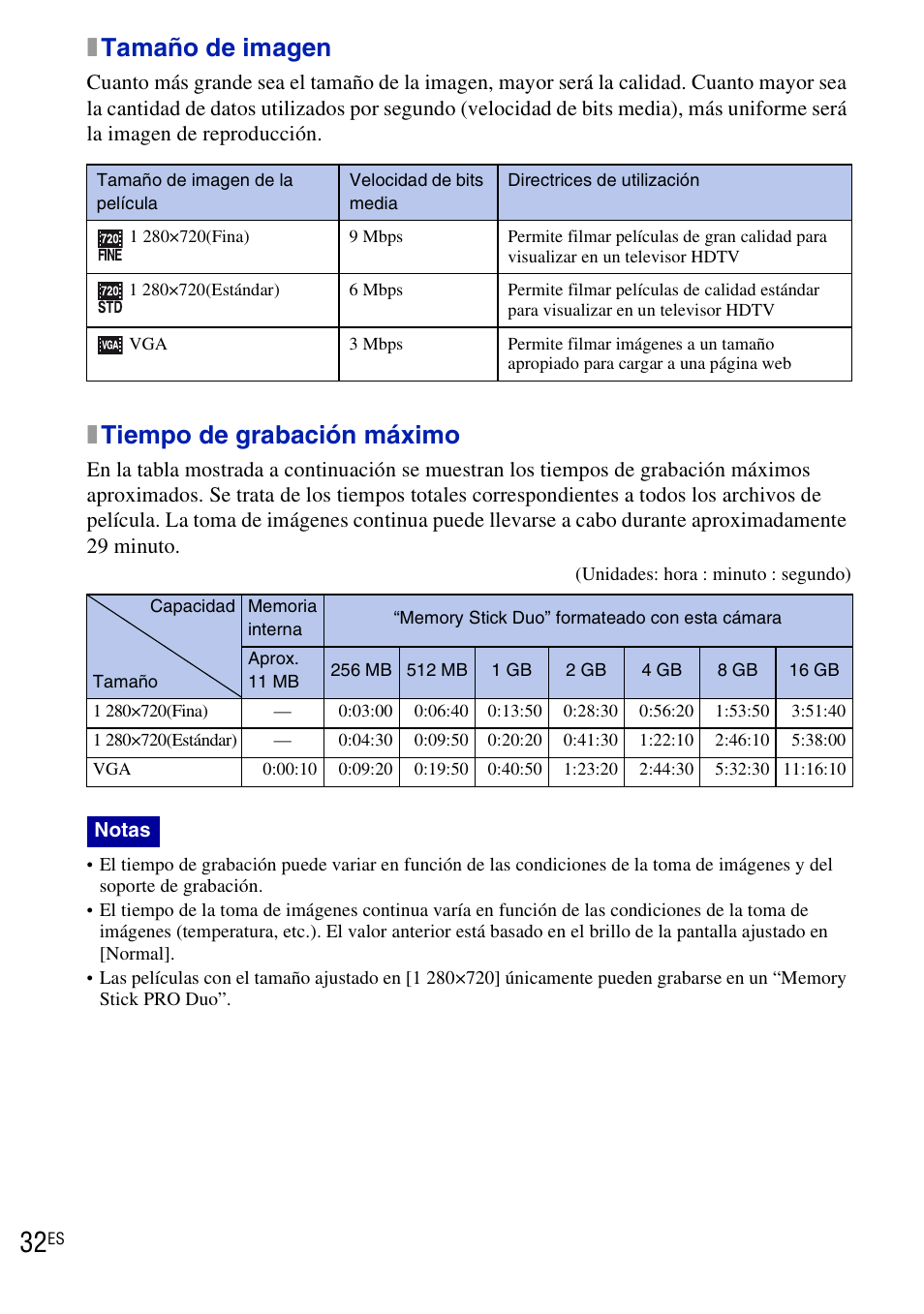 Xtamaño de imagen, Xtiempo de grabación máximo | Sony DSC-H20 User Manual | Page 90 / 120