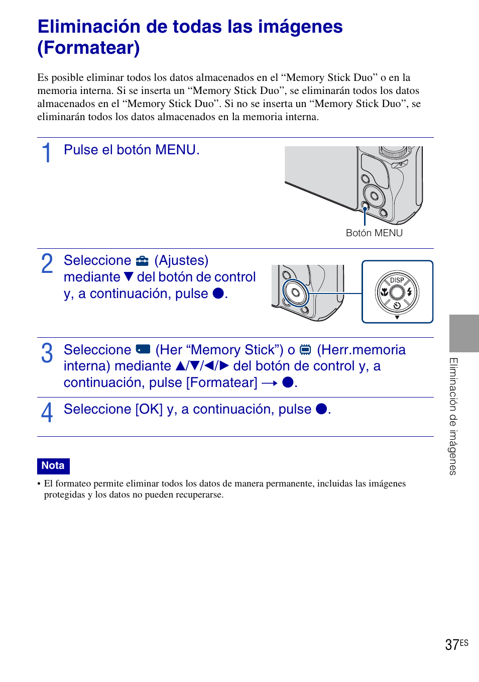 Eliminación de todas las imágenes (formatear) | Sony DSC-H20 User Manual | Page 95 / 120