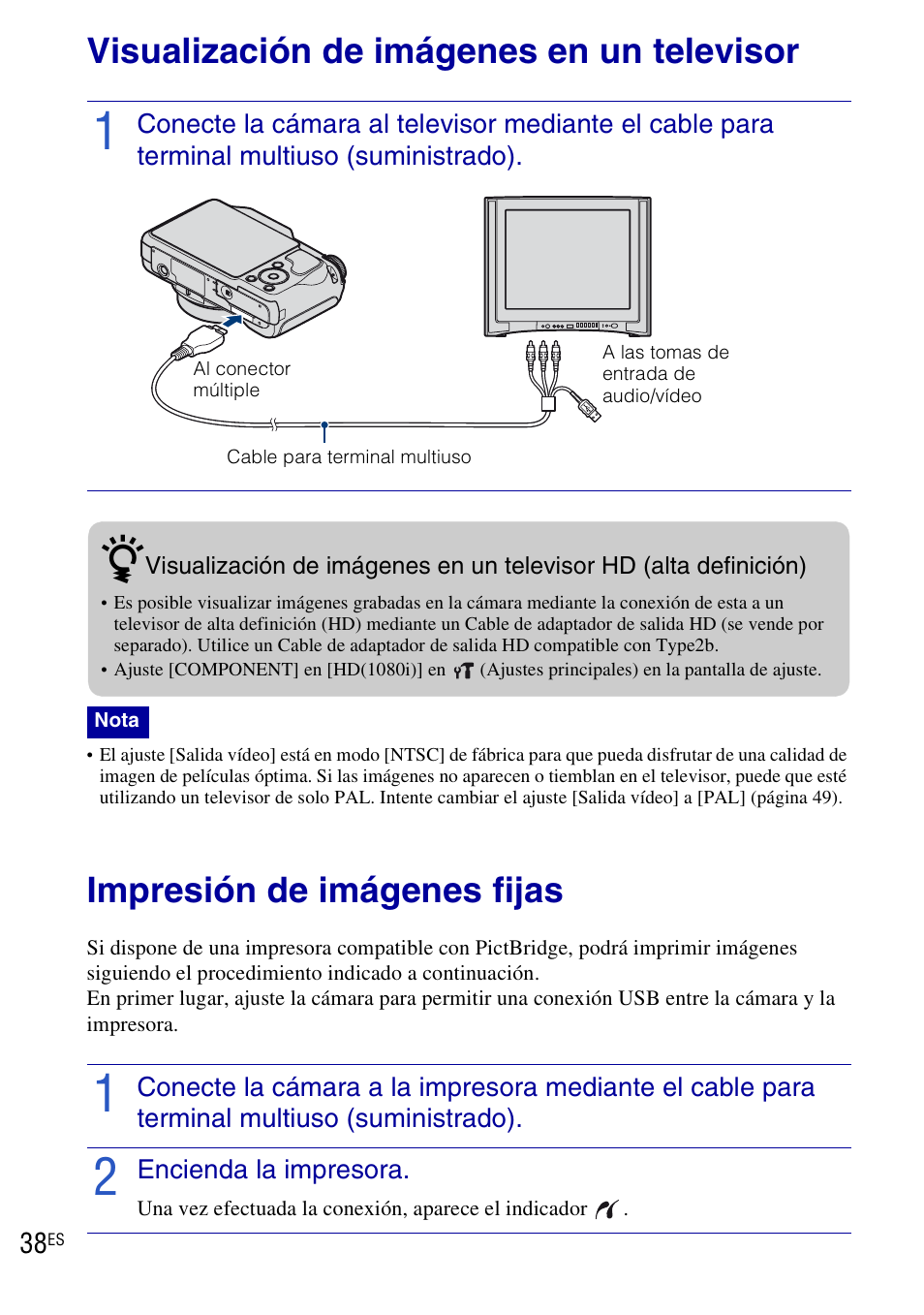 Conexión con otros dispositivos, Visualización de imágenes en un televisor, Impresión de imágenes fijas | Sony DSC-H20 User Manual | Page 96 / 120