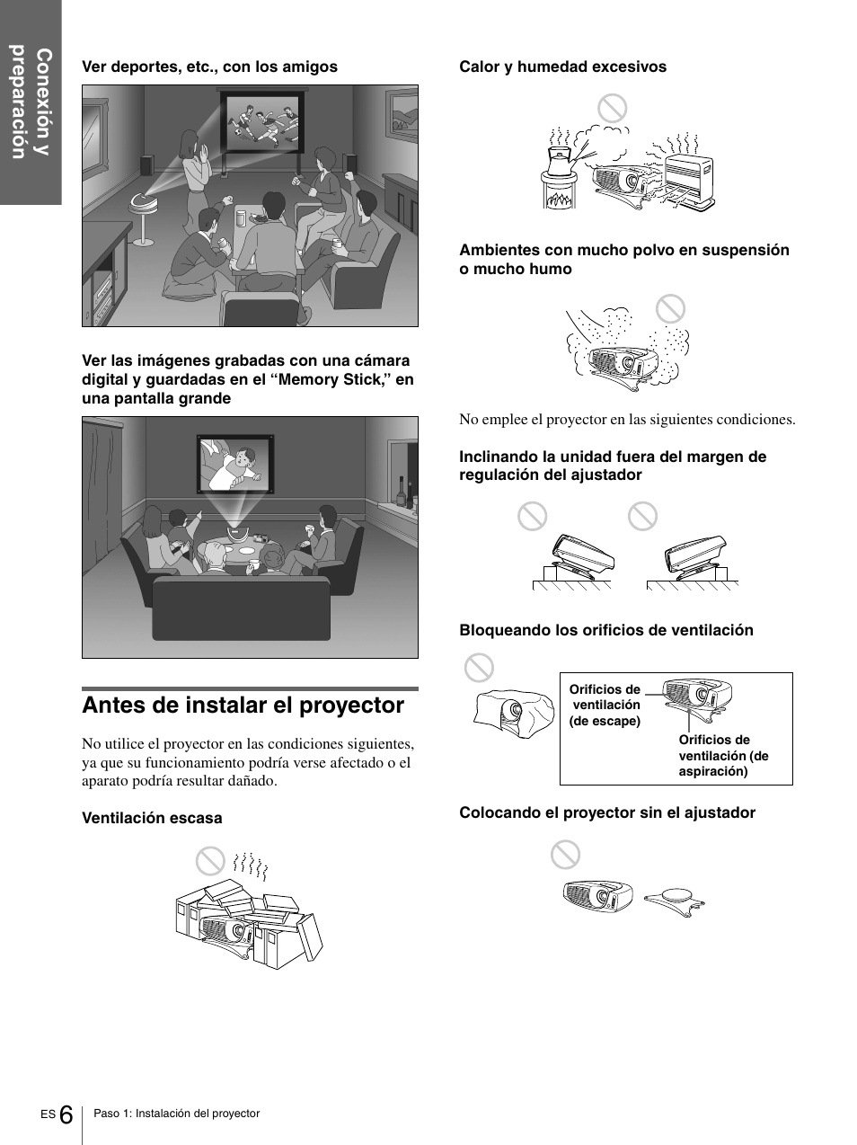 Antes de instalar el proyector | Sony VPL-HS1 User Manual | Page 102 / 152