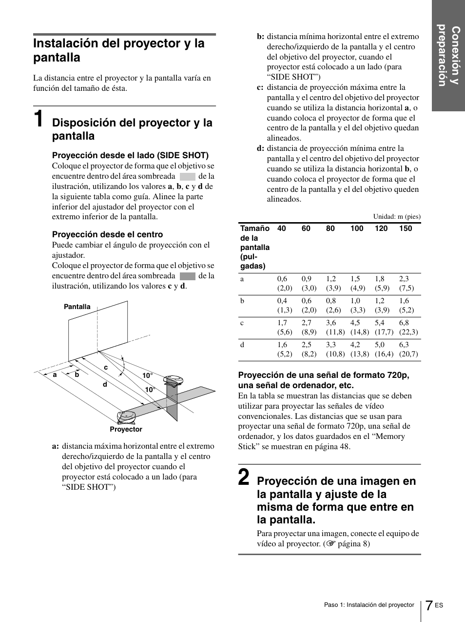 Instalación del proyector y la pantalla, Disposición del proyector y la pantalla | Sony VPL-HS1 User Manual | Page 103 / 152