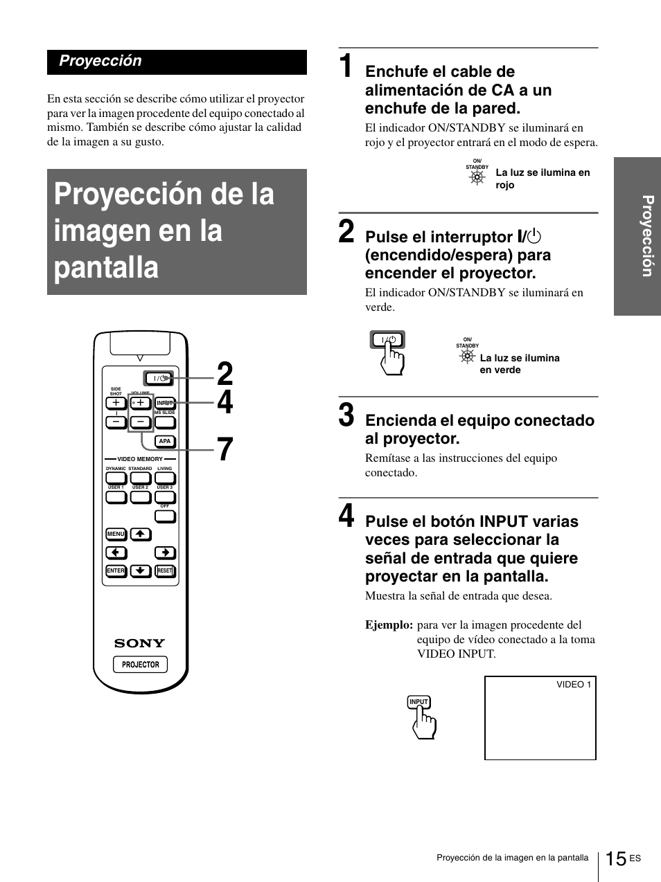 Proyección, Proyección de la imagen en la pantalla, Encienda el equipo conectado al proyector | Sony VPL-HS1 User Manual | Page 111 / 152