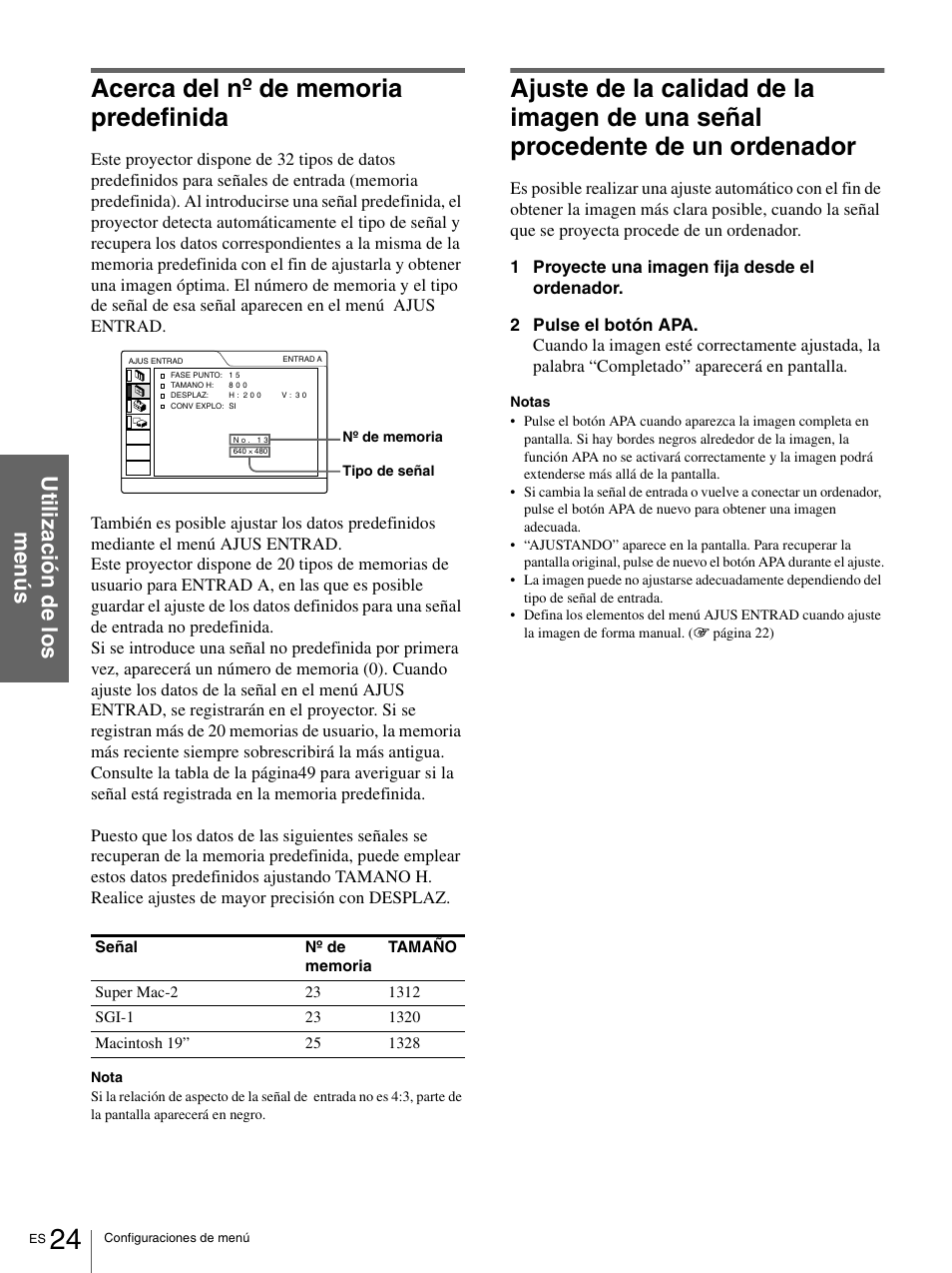 Acerca del nº de memoria predefinida, Ajuste de la calidad de la imagen de una señal, Procedente de un ordenador | Sony VPL-HS1 User Manual | Page 120 / 152