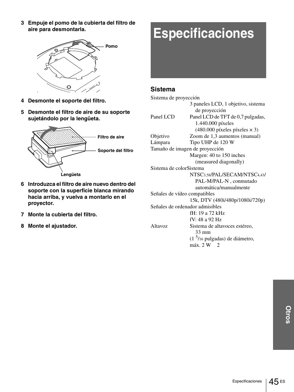 Especificaciones, Ot ro s | Sony VPL-HS1 User Manual | Page 141 / 152