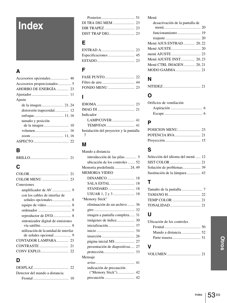 Index, Ot ro s | Sony VPL-HS1 User Manual | Page 149 / 152