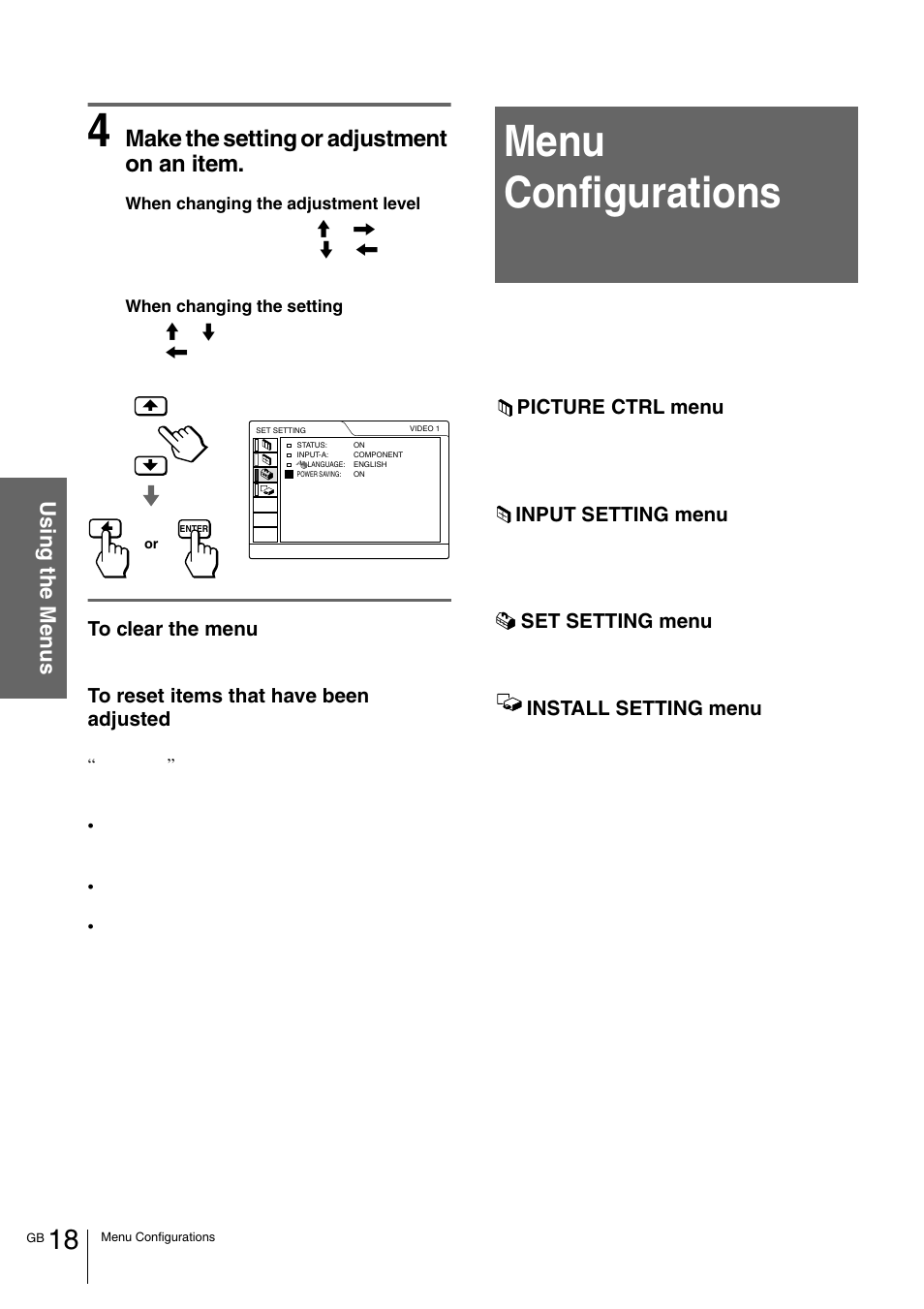 Menu configurations, Make the setting or adjustment on an item | Sony VPL-HS1 User Manual | Page 18 / 152
