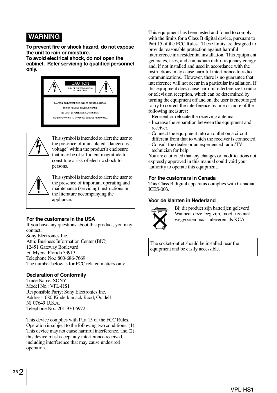 Warning | Sony VPL-HS1 User Manual | Page 2 / 152