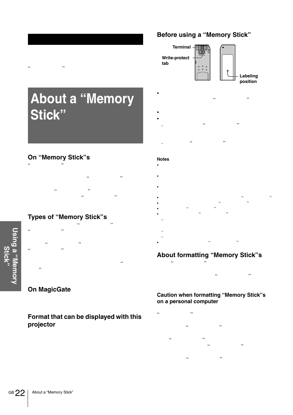 Using a “memory stick, About a “memory stick | Sony VPL-HS1 User Manual | Page 22 / 152