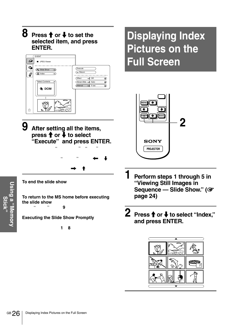 Displaying index pictures on the full screen, Press m or m to select “index,” and press enter | Sony VPL-HS1 User Manual | Page 26 / 152