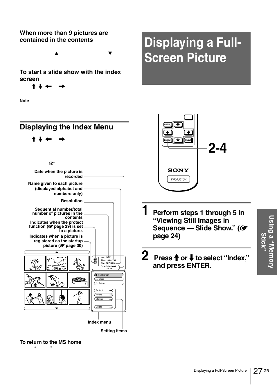 Displaying the index menu, Displaying a full- screen picture, Displaying a full-screen picture | Press m or m to select “index,” and press enter | Sony VPL-HS1 User Manual | Page 27 / 152
