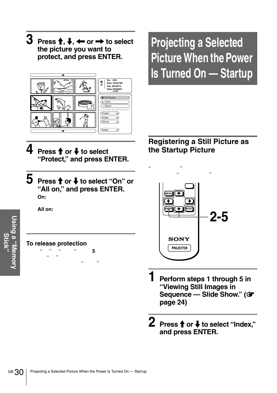 Registering a still picture as the startup picture, Registering a still picture as the startup, Picture | Sony VPL-HS1 User Manual | Page 30 / 152