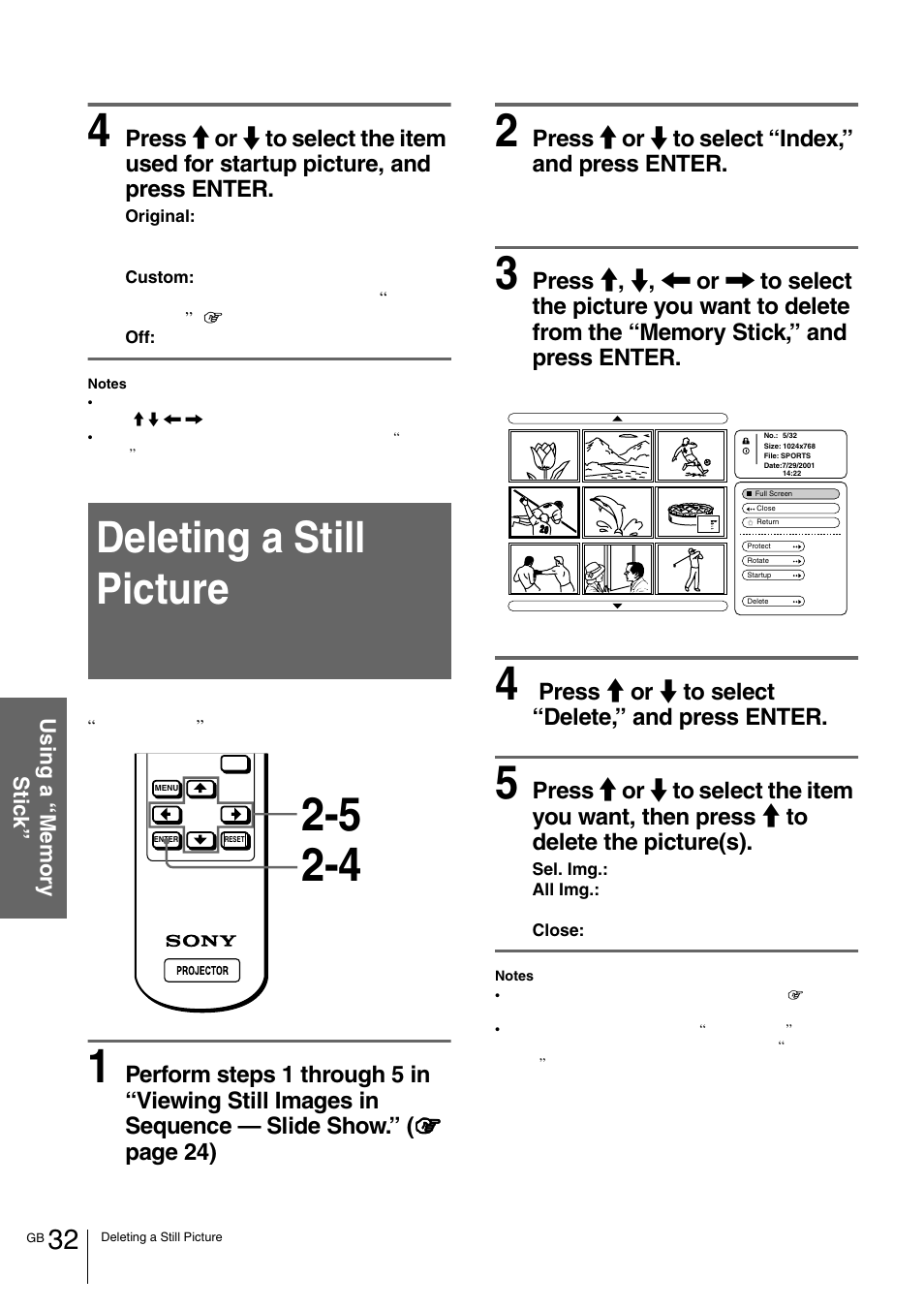 Deleting a still picture | Sony VPL-HS1 User Manual | Page 32 / 152