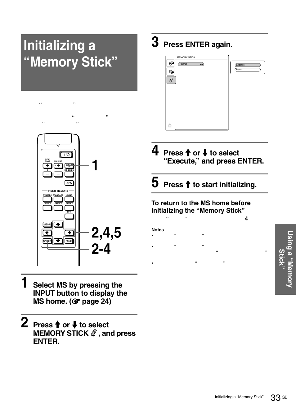 Initializing a “memory stick, Press enter again, Press m or m to select “execute,” and press enter | Press m to start initializing | Sony VPL-HS1 User Manual | Page 33 / 152