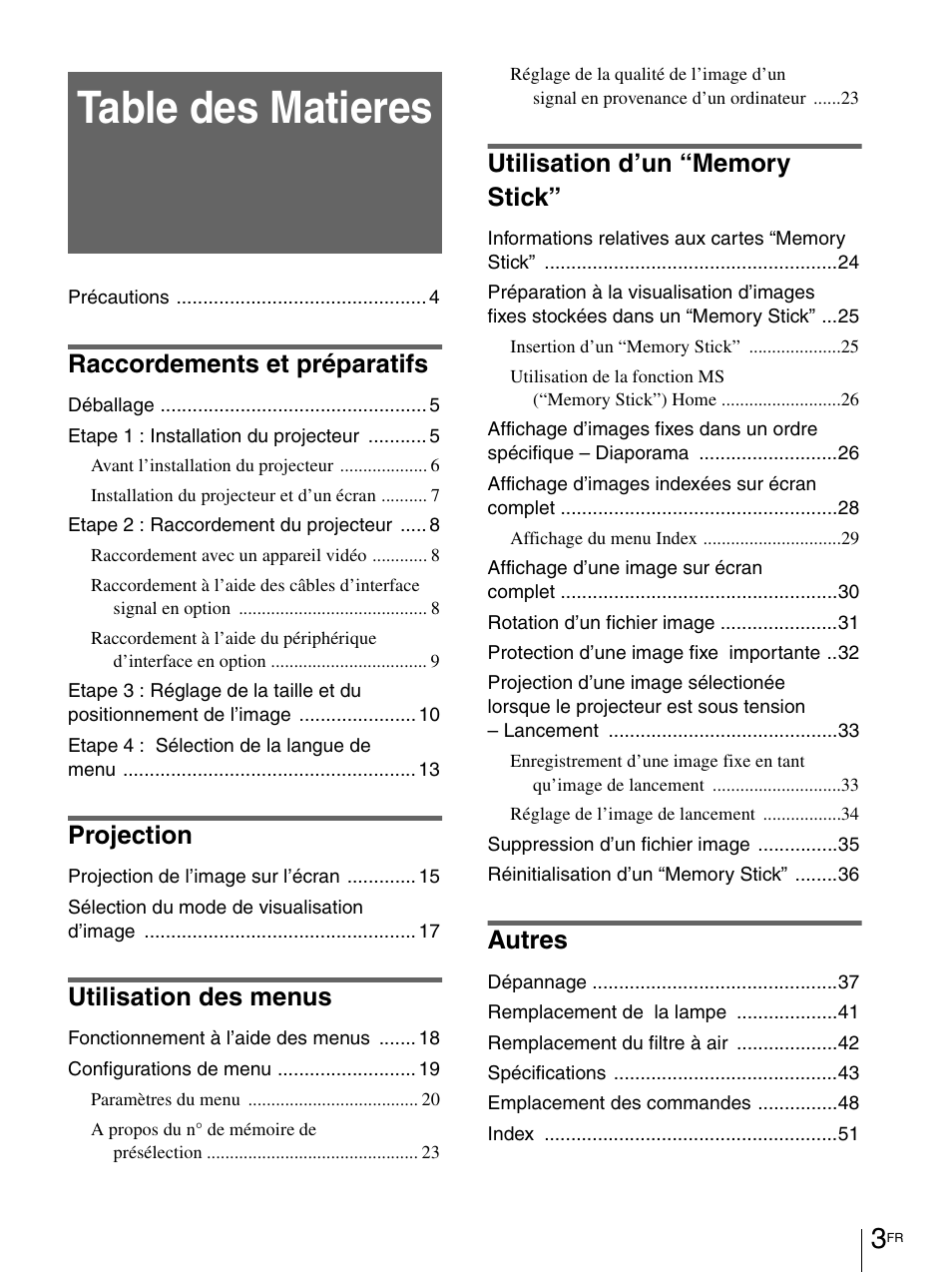 Table des matieres, Raccordements et préparatifs, Projection | Utilisation des menus, Autres | Sony VPL-HS1 User Manual | Page 49 / 152