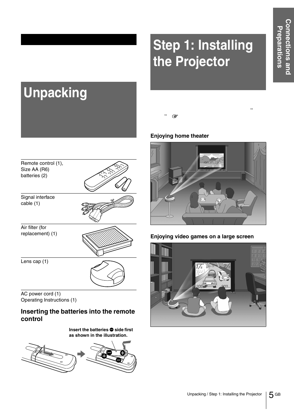 Connections and preparations, Unpacking, Step 1: installing the projector | Sony VPL-HS1 User Manual | Page 5 / 152