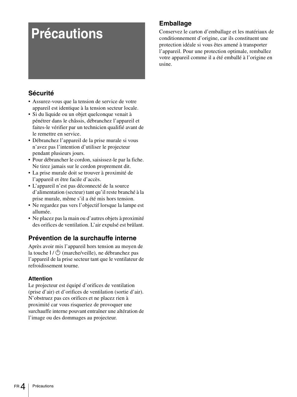 Précautions | Sony VPL-HS1 User Manual | Page 50 / 152
