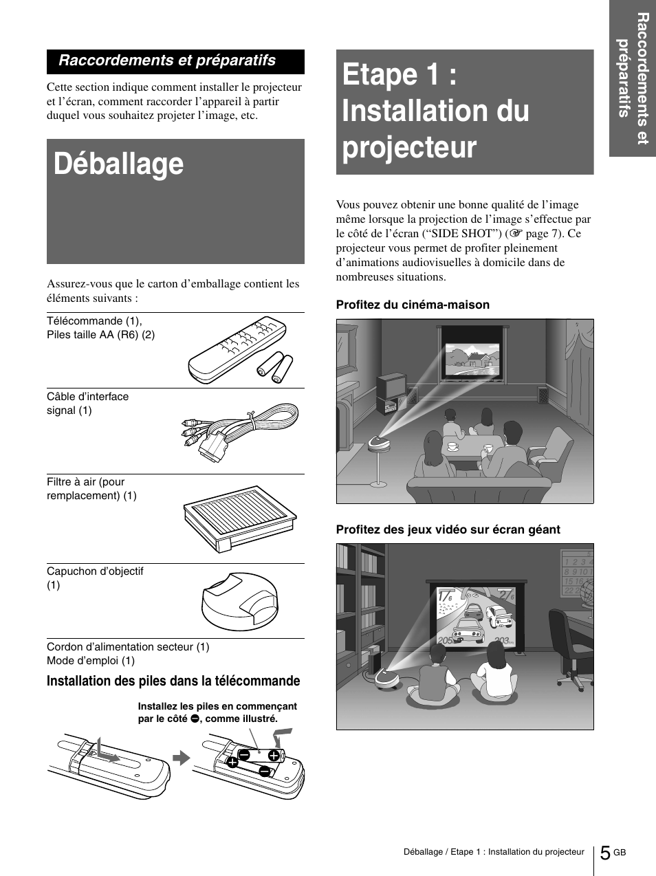 Raccordements et préparatifs, Déballage, Etape 1 : installation du projecteur | Sony VPL-HS1 User Manual | Page 51 / 152