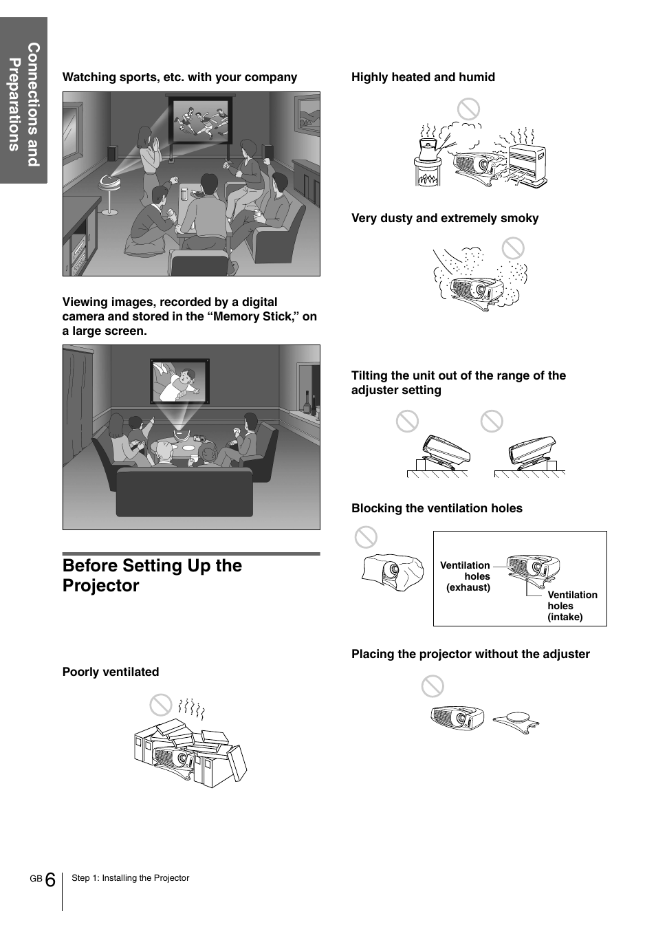 Before setting up the projector, Connection s and preparations | Sony VPL-HS1 User Manual | Page 6 / 152