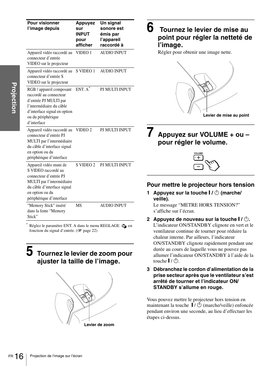 Appuyez sur volume + ou – pour régler le volume, Pro jecti o n | Sony VPL-HS1 User Manual | Page 62 / 152