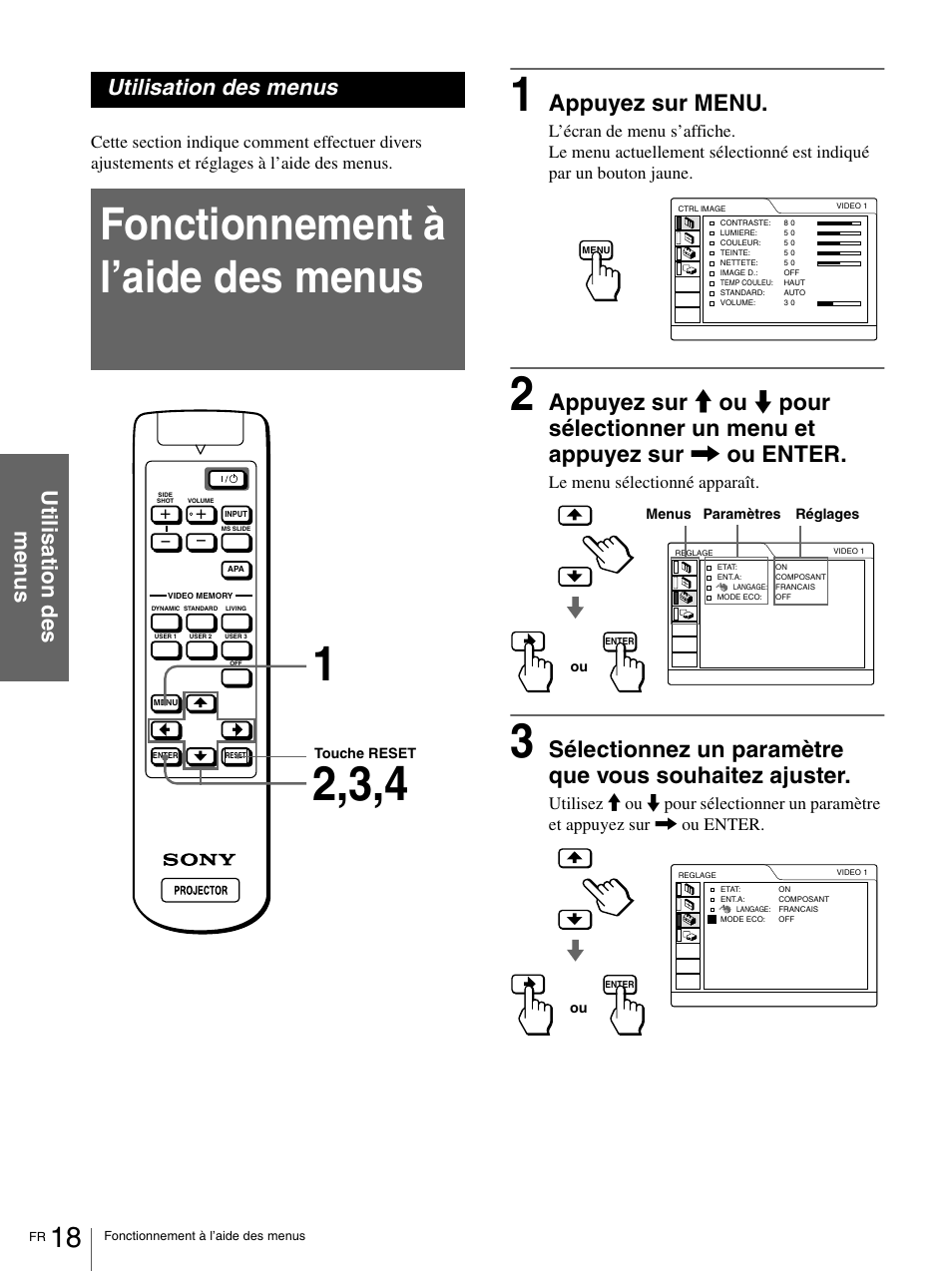 Utilisation des menus, Fonctionnement à l’aide des menus, Appuyez sur menu | Util isati o n des men u s utilisation des menus | Sony VPL-HS1 User Manual | Page 64 / 152