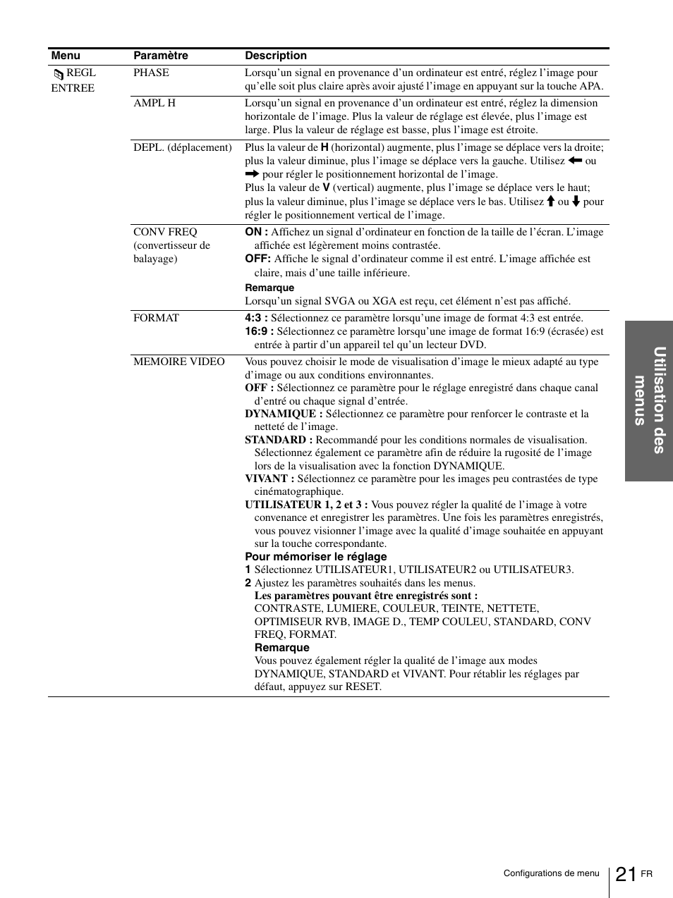 Util isati o n des men u s | Sony VPL-HS1 User Manual | Page 67 / 152