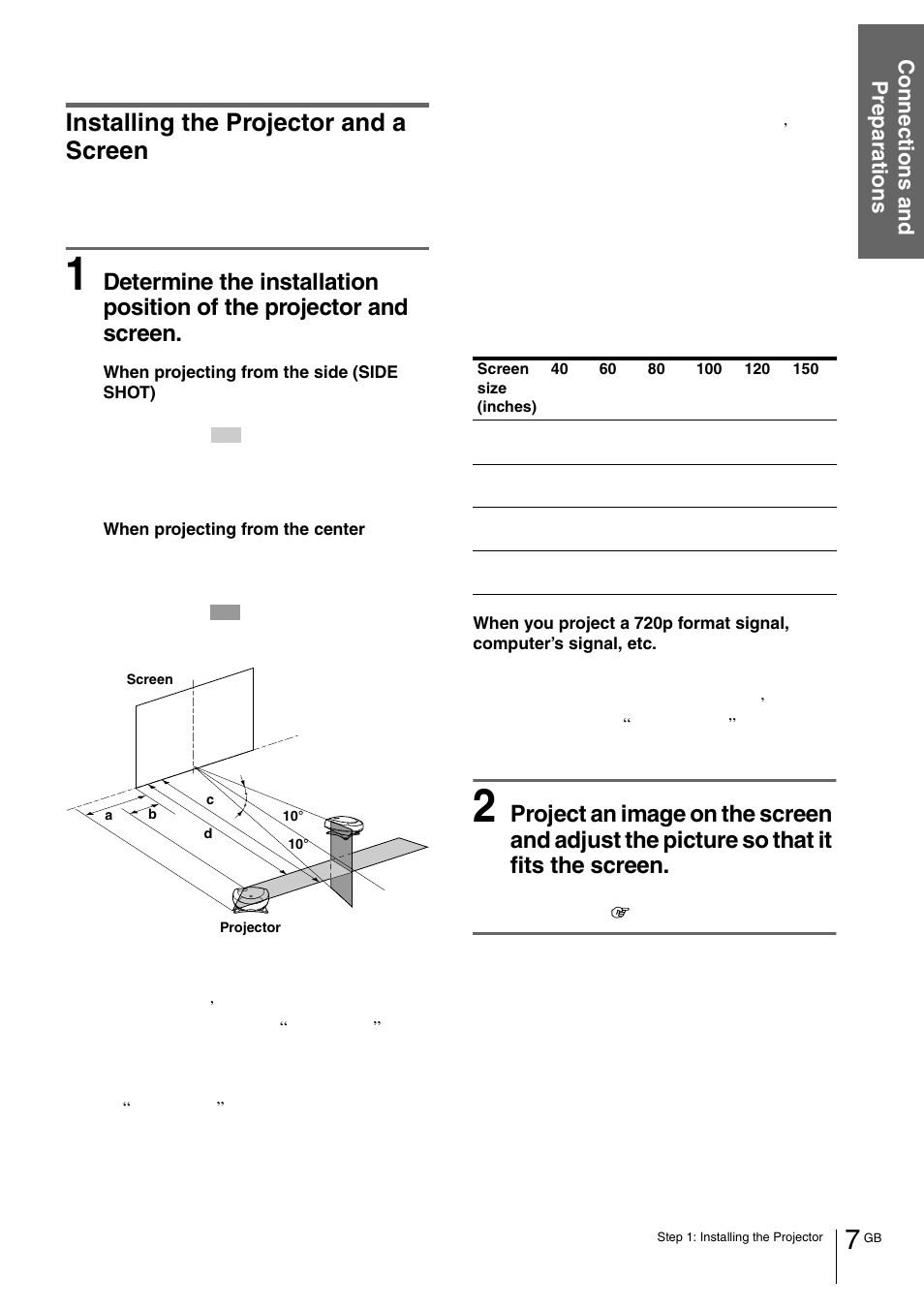 Installing the projector and a screen, Connection s and preparations | Sony VPL-HS1 User Manual | Page 7 / 152