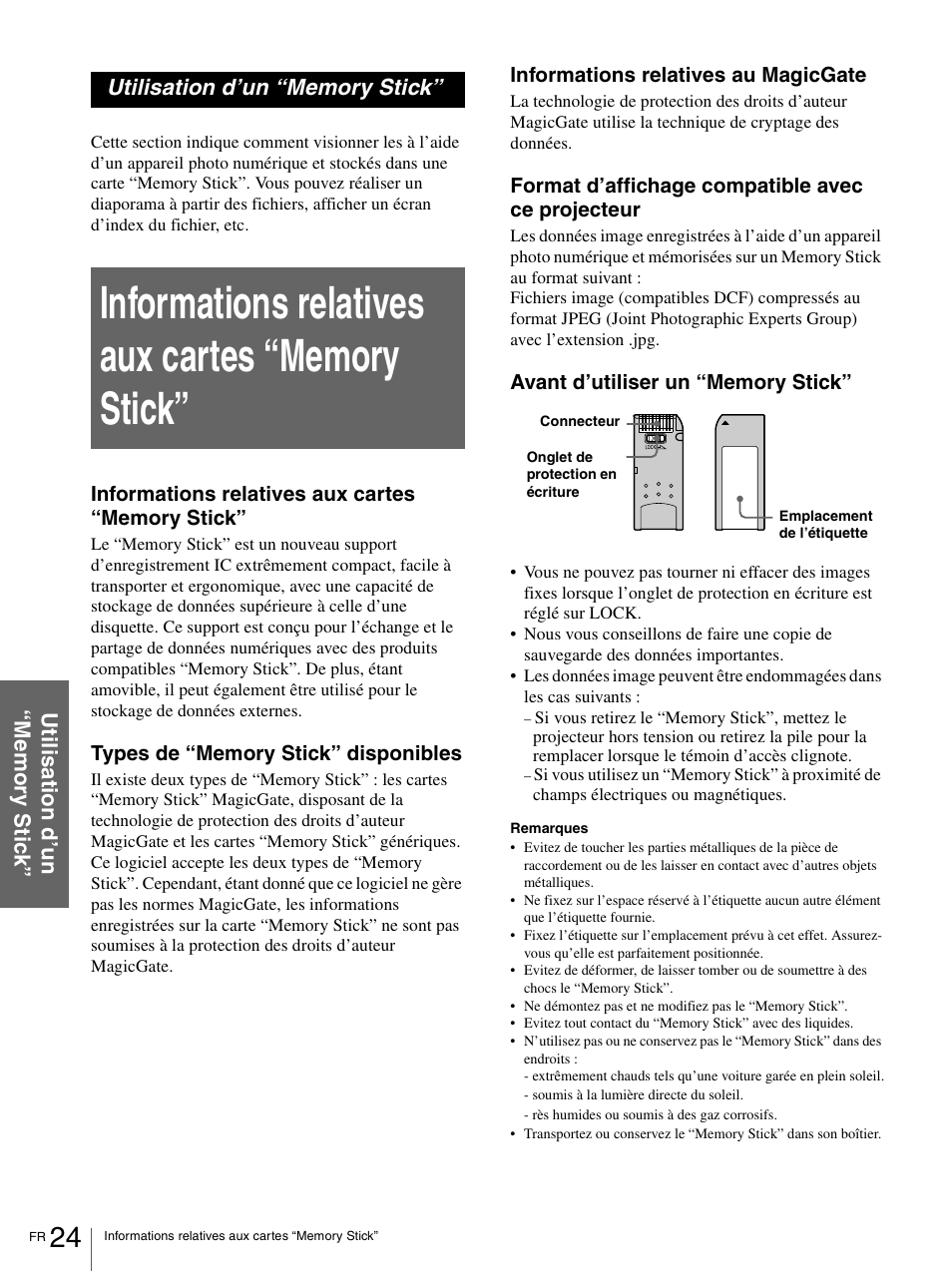 Utilisation d’un “memory stick, Informations relatives aux cartes “memory stick | Sony VPL-HS1 User Manual | Page 70 / 152