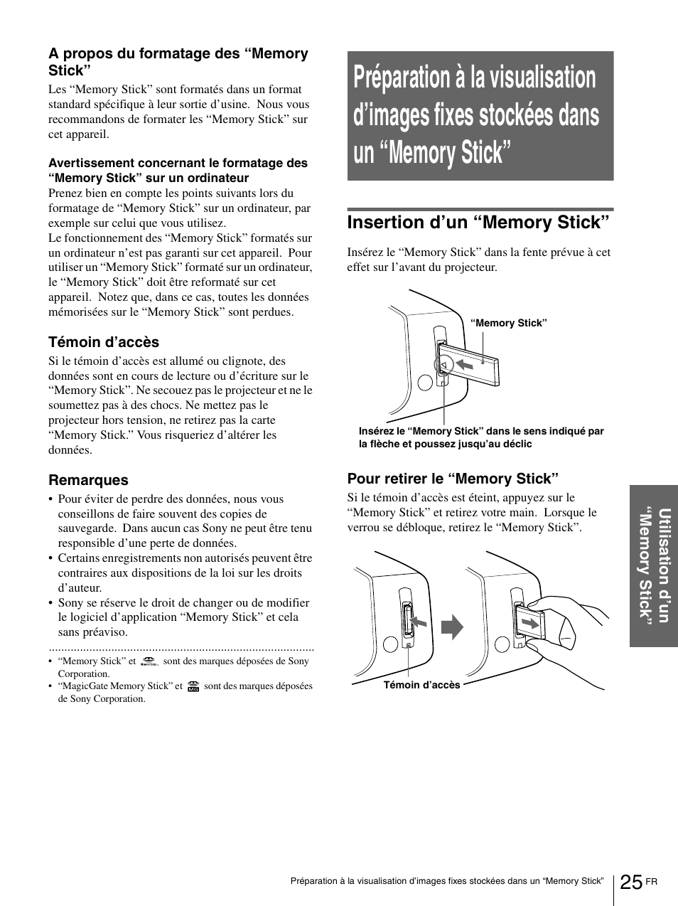 Insertion d’un “memory stick | Sony VPL-HS1 User Manual | Page 71 / 152