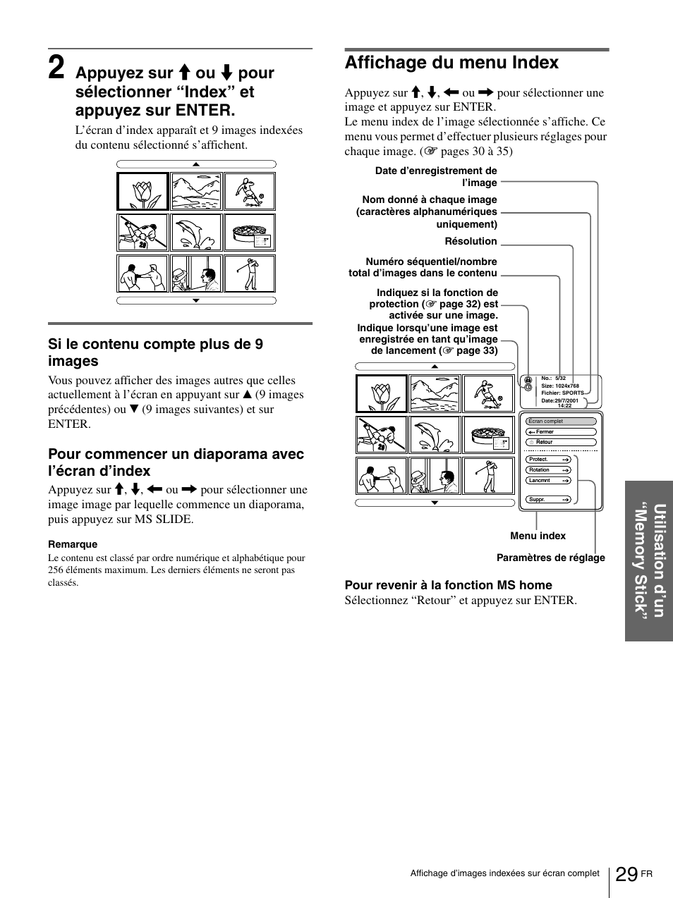 Affichage du menu index, Si le contenu compte plus de 9 images, Pour commencer un diaporama avec l’écran d’index | Sony VPL-HS1 User Manual | Page 75 / 152