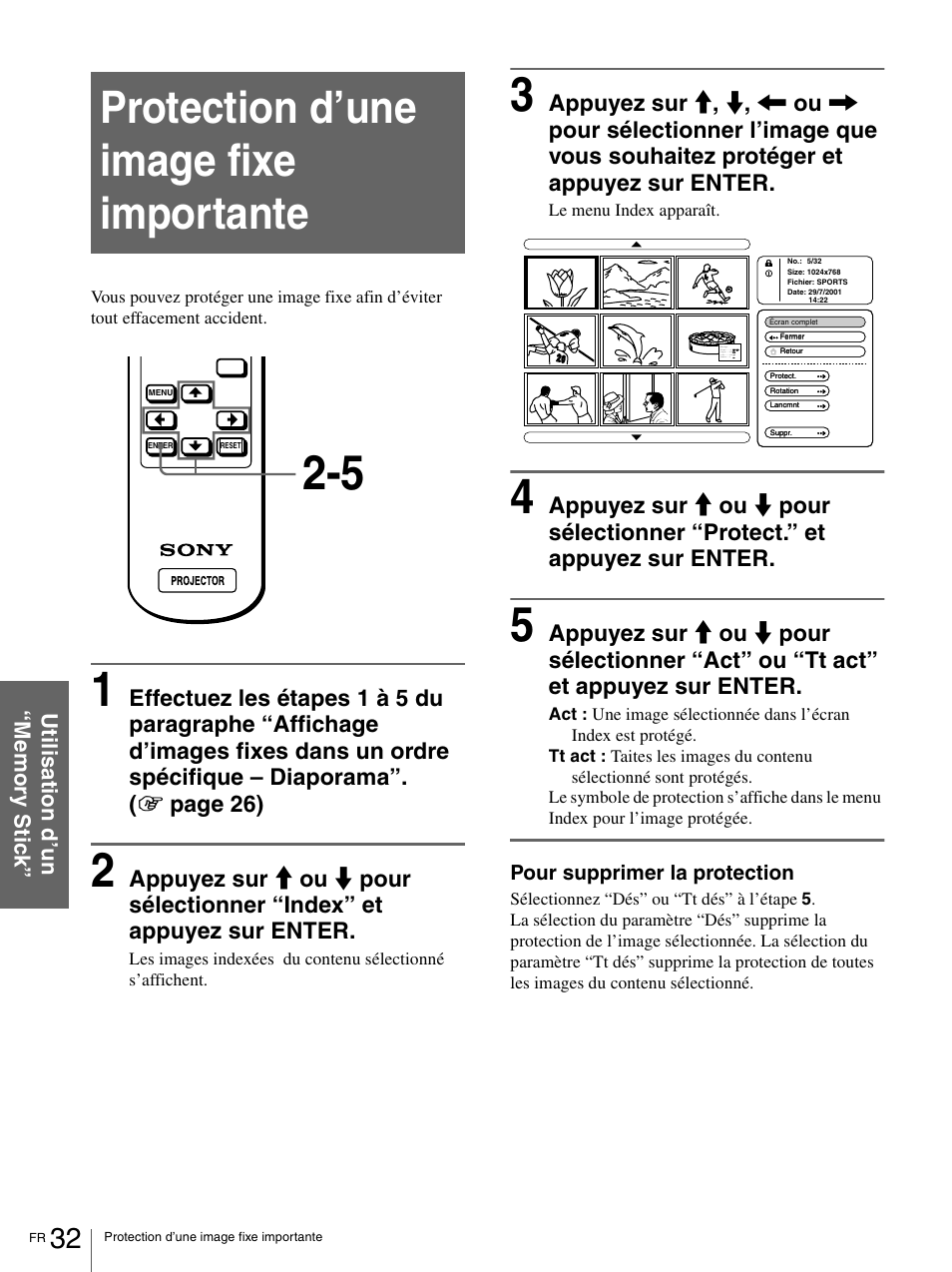 Protection d’une image fixe importante | Sony VPL-HS1 User Manual | Page 78 / 152