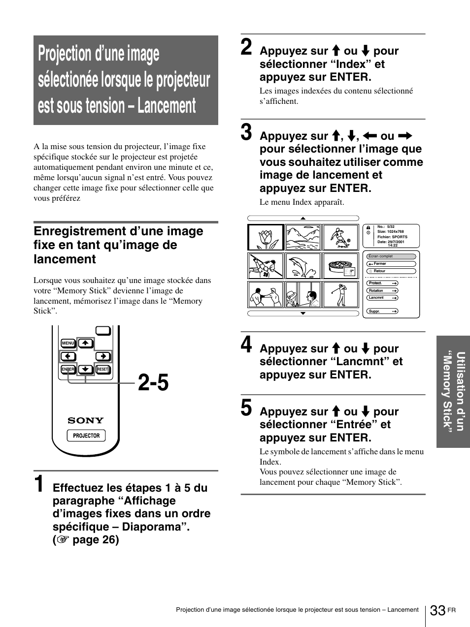 Enregistrement d’une image fixe en tant, Qu’image de lancement | Sony VPL-HS1 User Manual | Page 79 / 152