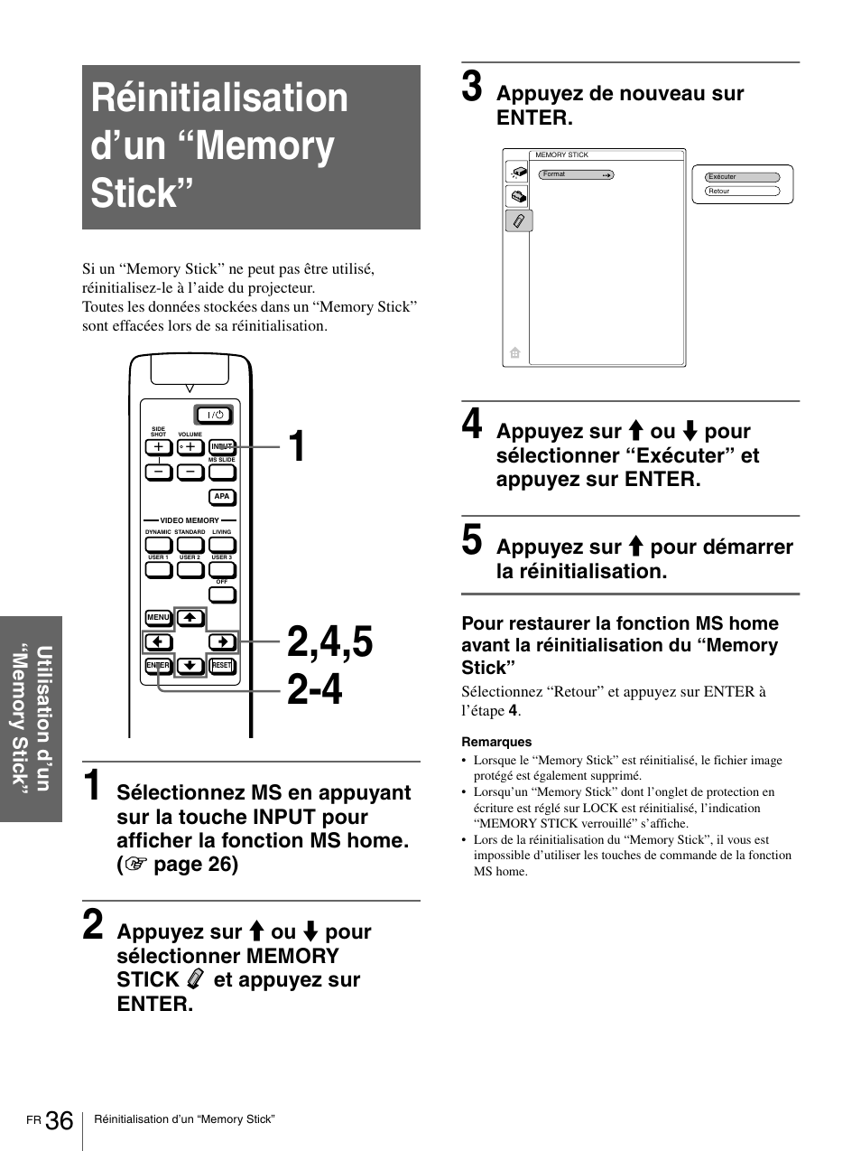 Réinitialisation d’un “memory stick | Sony VPL-HS1 User Manual | Page 82 / 152