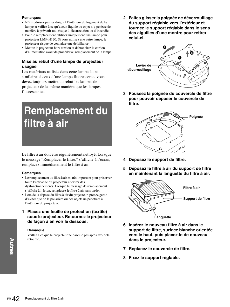 Remplacement du filtre à air, Au tr e s | Sony VPL-HS1 User Manual | Page 88 / 152