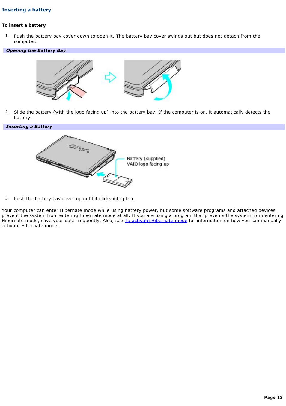 Inserting a battery | Sony PCG-K13 User Manual | Page 13 / 145