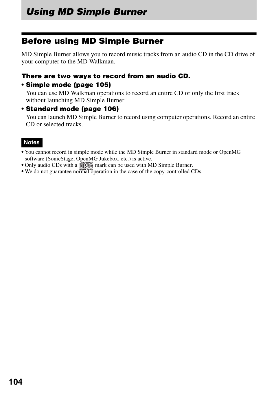 Using md simple burner, Before using md simple burner | Sony MZ-M10 User Manual | Page 104 / 115