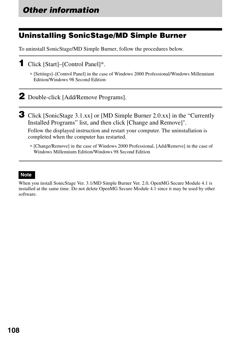 Other information, Uninstalling sonicstage/md simple burner | Sony MZ-M10 User Manual | Page 108 / 115