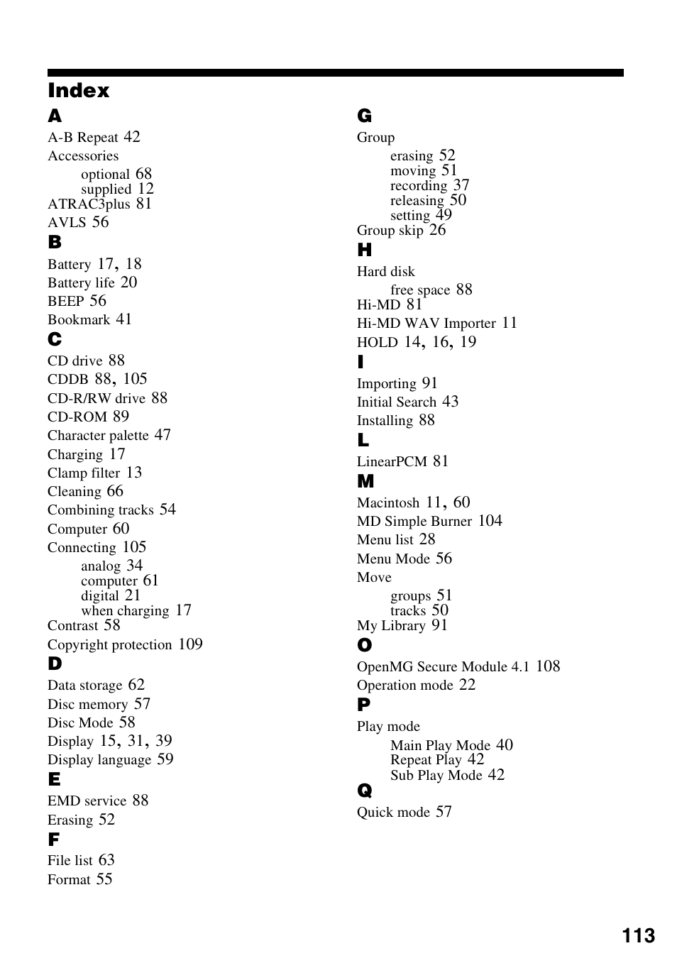 Index | Sony MZ-M10 User Manual | Page 113 / 115