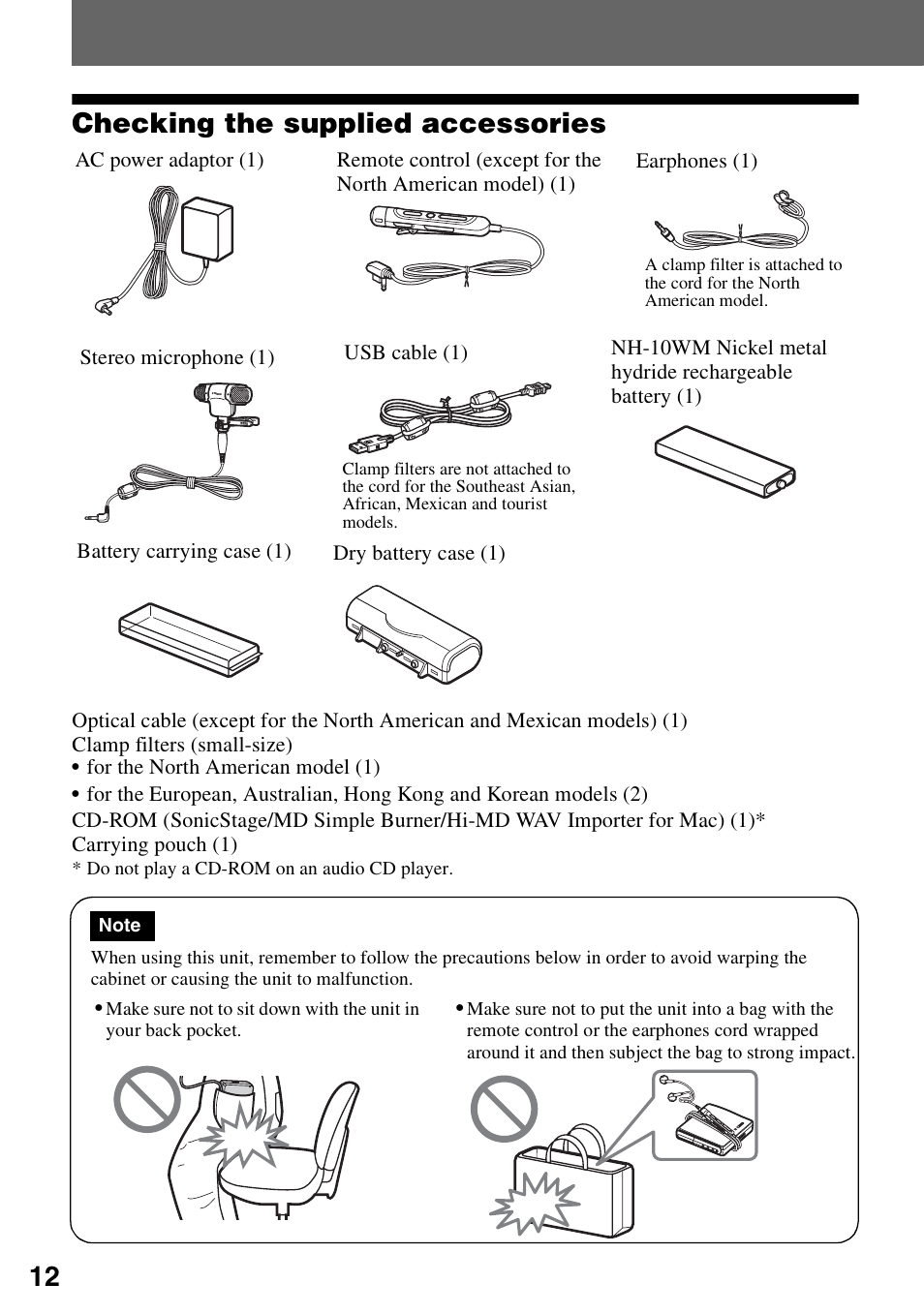Recorder operation, Checking the supplied accessories, 12 checking the supplied accessories | Sony MZ-M10 User Manual | Page 12 / 115