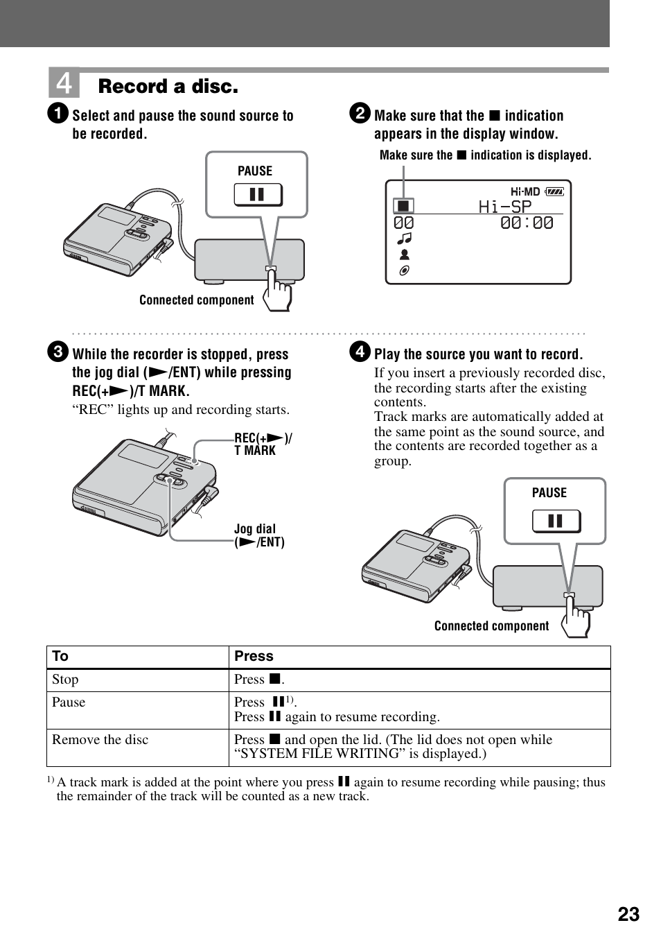 Record a disc | Sony MZ-M10 User Manual | Page 23 / 115