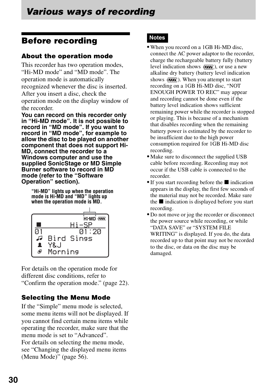 Various ways of recording, Before recording | Sony MZ-M10 User Manual | Page 30 / 115