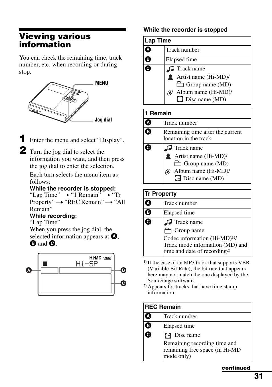 Viewing various information, 31 viewing various information | Sony MZ-M10 User Manual | Page 31 / 115