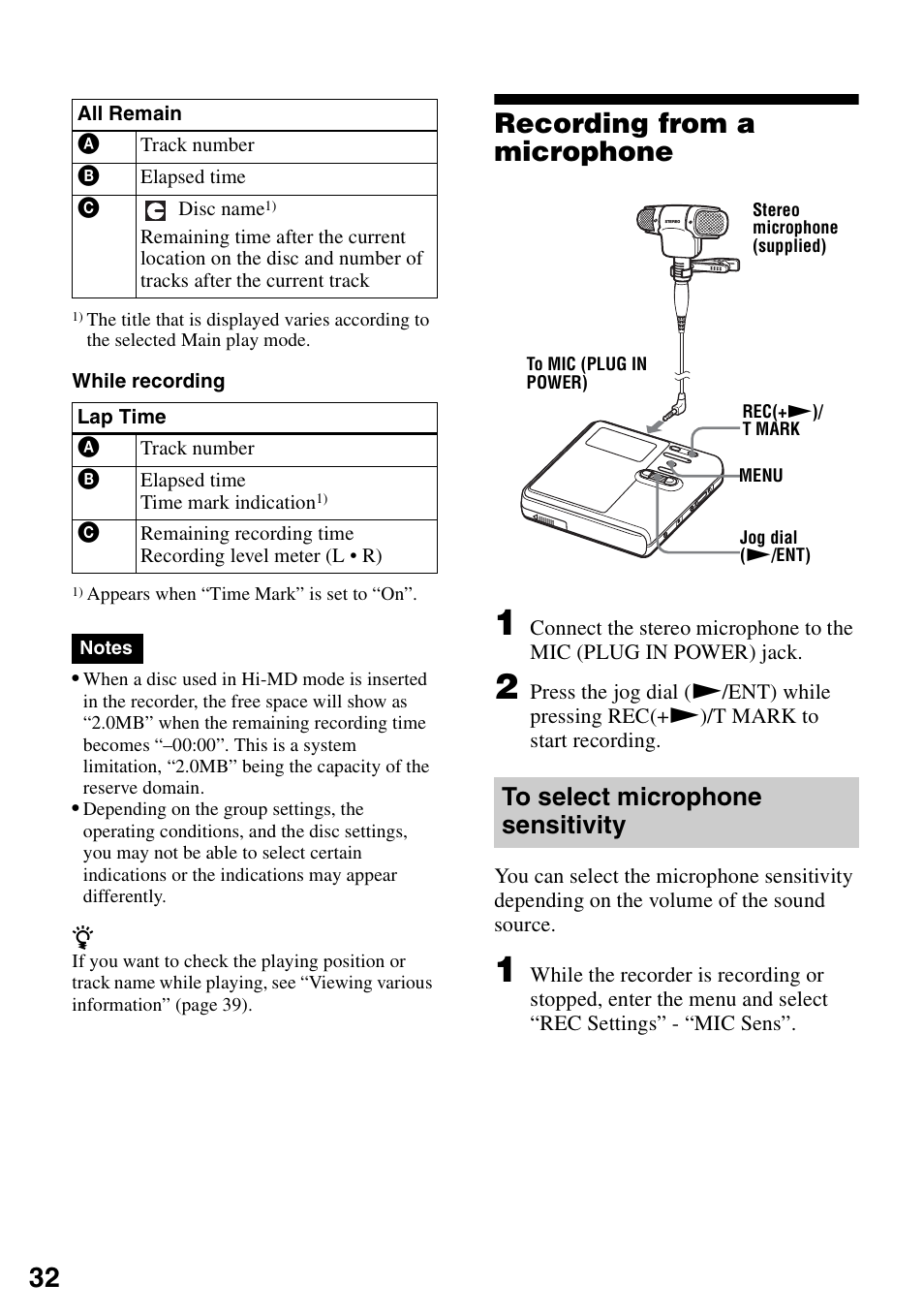 Recording from a microphone, To select microphone sensitivity | Sony MZ-M10 User Manual | Page 32 / 115