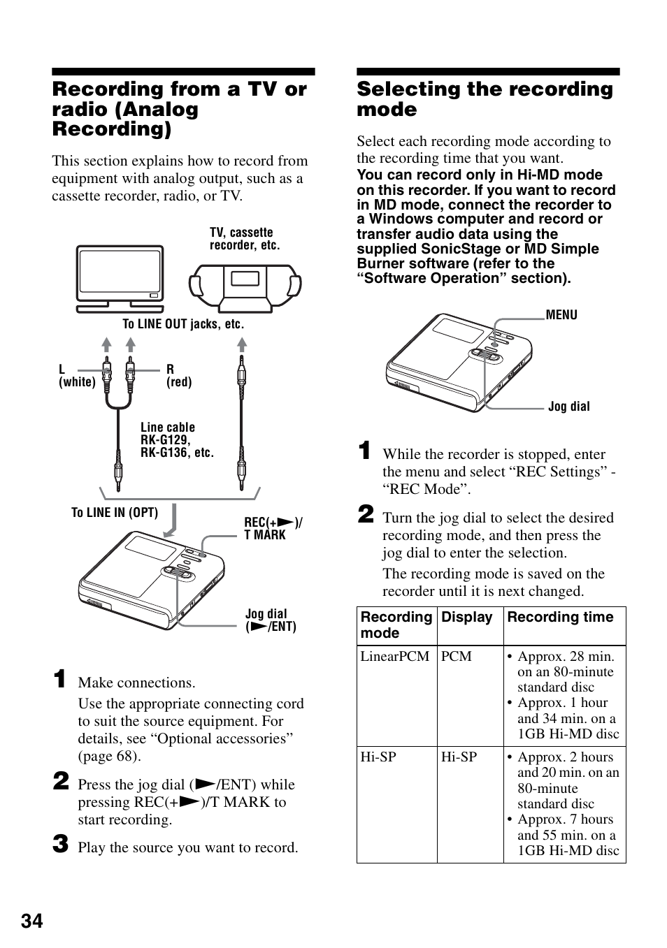 Recording from a tv or radio (analog recording), Selecting the recording mode, 34 recording from a tv or radio (analog recording) | Sony MZ-M10 User Manual | Page 34 / 115